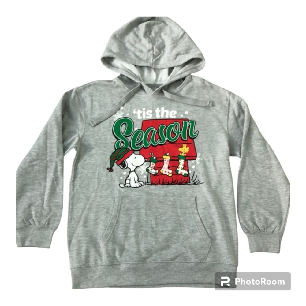 Tis the Season Peanuts Snoopy Graphic Hoodie Sweatshirt Gray Junior M(7-9)